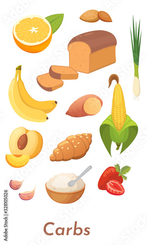 Carb food set. Vector carbs icons collection. Diet, delicious meal from carbohydrate group.