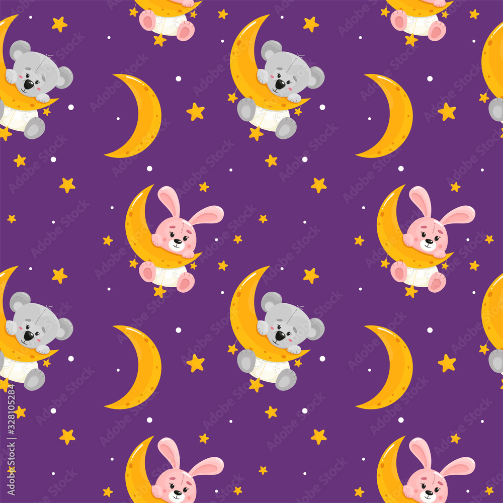 Cute seamless pattern with baby bunny and teddy bear on the moon. Toddler animals in diaper. Vector pattern.