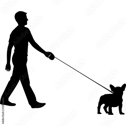 Man Walking a French Bull  Dog Silhouette Vector