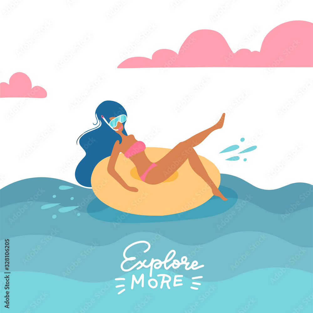 Young woman in swimsuit and snorkeling mask relaxing on a rubber ring in the sea. The girl on a summer holiday swims on a swim ring. Vector flat illustration. with lettering quote Explore more Young woman in swimsuit and snorkeling mask relaxing on a rubber ring in the sea. The girl on a summer holiday swims on a swim ring. Vector flat illustration. with lettering quote Explore more
