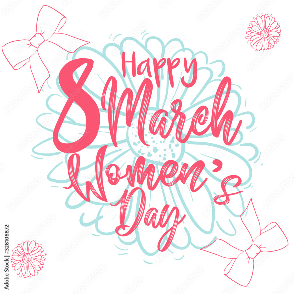 Happy 8 March Women's Day. Women's day greeting card with flowers and ribbon background.