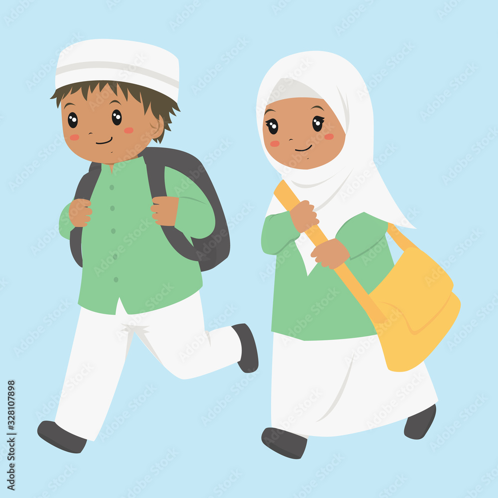 Muslim African American boy and girl running to school. Muslim students vector characters. Muslim African American boy and girl running to school. Muslim students vector characters.