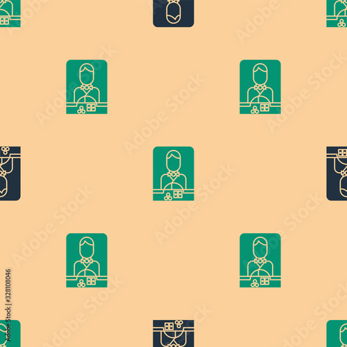 Green and black Casino dealer icon isolated seamless pattern on beige background. Casino croupier. Vector Illustration