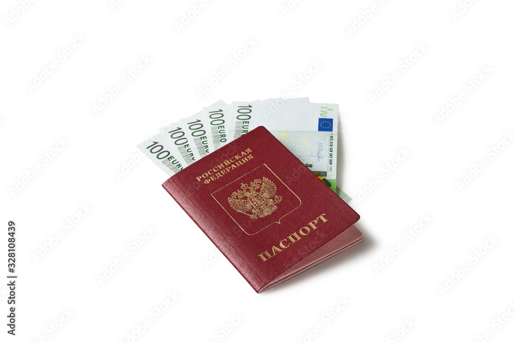 Russian travel passport with money(EURO). Isolated background