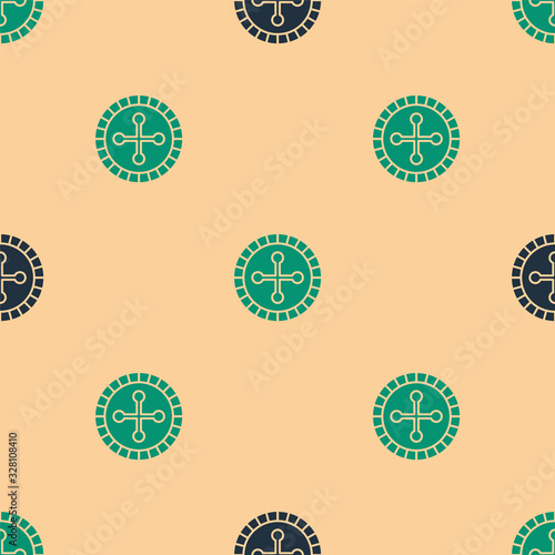 Green and black Casino roulette wheel icon isolated seamless pattern on beige background. Vector Illustration