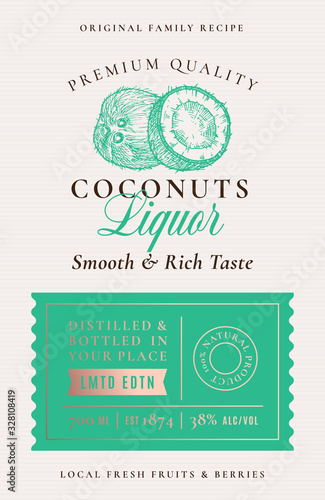 Family Recipe Coconut Liquor Acohol Label. Abstract Vector Packaging Design Layout. Modern Typography Banner with Hand Drawn Coconuts Silhouette Logo and Background.