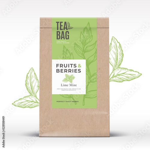Craft Paper Bag with Fruit and Berries Tea Label. Abstract Vector Packaging Design Layout with Realistic Shadows. Modern Typography, Hand Drawn Mint Leaves Silhouettes Background.