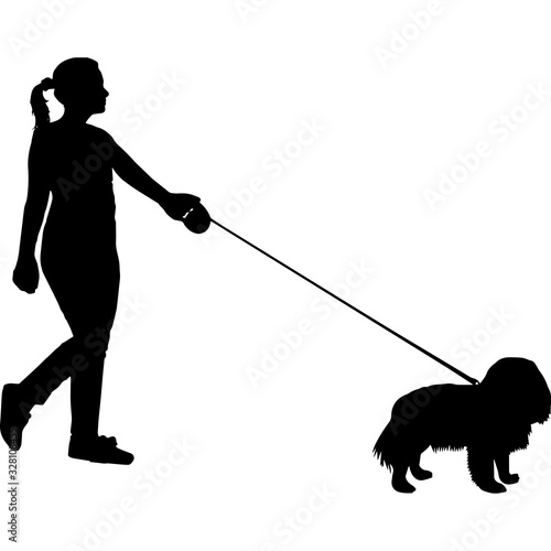 Woman Walking a Cavalier King Charles Spaniel  Dog Silhouette Vector