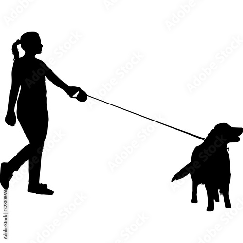 Woman Walking a Golden Retriever  Dog Silhouette Vector