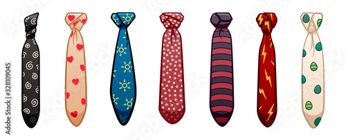 Seven neckties of different colors and patterns set on white background