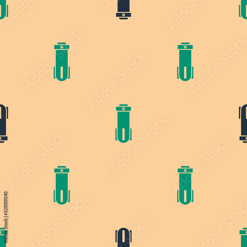 Green and black Water filter icon isolated seamless pattern on beige background. System for filtration of water. Reverse osmosis system. Vector Illustration