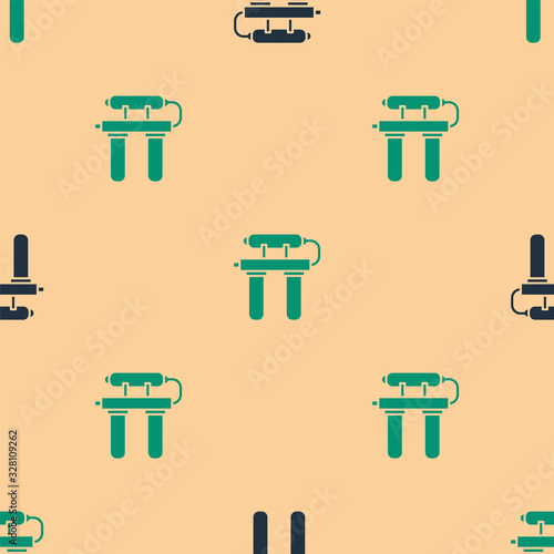 Green and black Water filter icon isolated seamless pattern on beige background. System for filtration of water. Reverse osmosis system. Vector Illustration