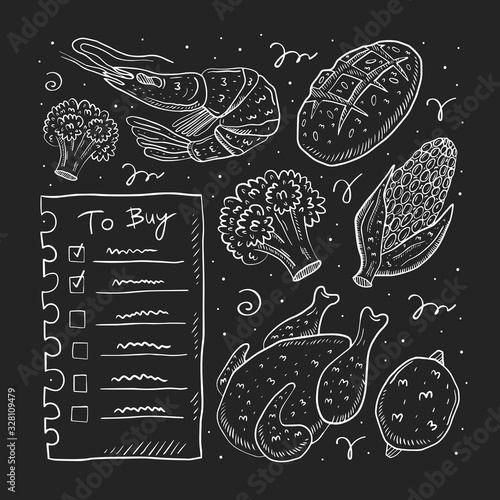 To buy list hand drawn doodle vector illustration, design element, icon, sticker. Isolated on dark background. Chalkboard drawings. Checklist, chicken, broccoli, corn, shrimp, bread. Market, shop.