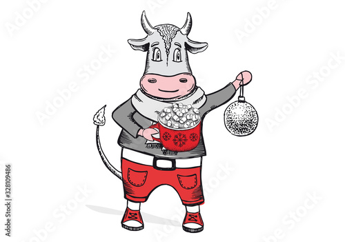 Year of the bull 2021. New year illustration. Hand drawn vector.