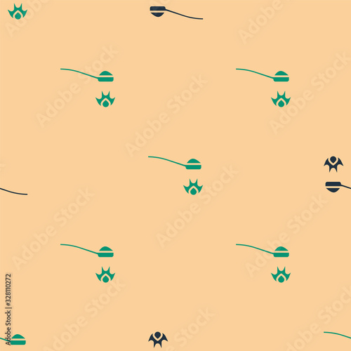 Green and black Heroin in a spoon icon isolated seamless pattern on beige background. Concept of drug addiction and dependence from the narcotic. Junkie lifestyle. Vector Illustration