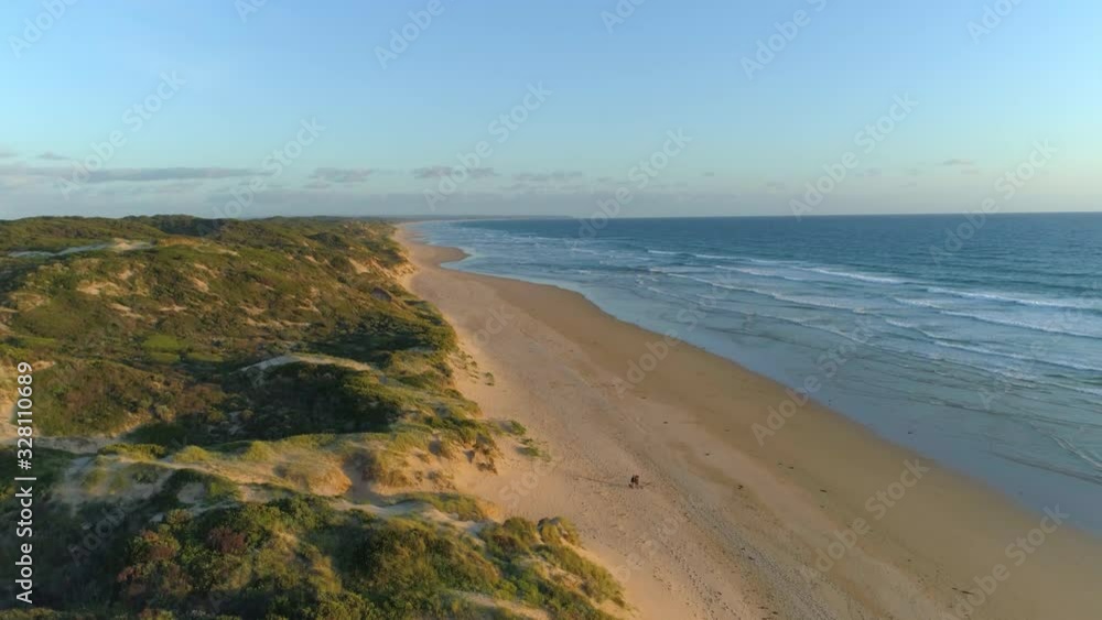 Aerial cinematic rise over long stretch of ocean beach revealing scenic coastline at dusk Aerial cinematic rise over long stretch of ocean beach revealing scenic coastline at dusk