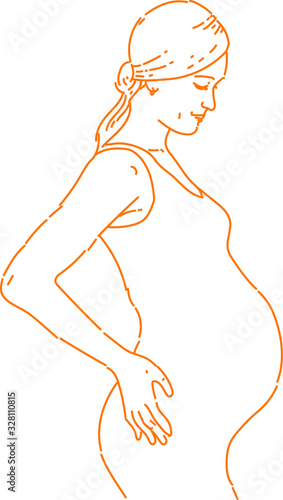 pregnant woman holds the lower back and looking at her unborn baby line drawing orange