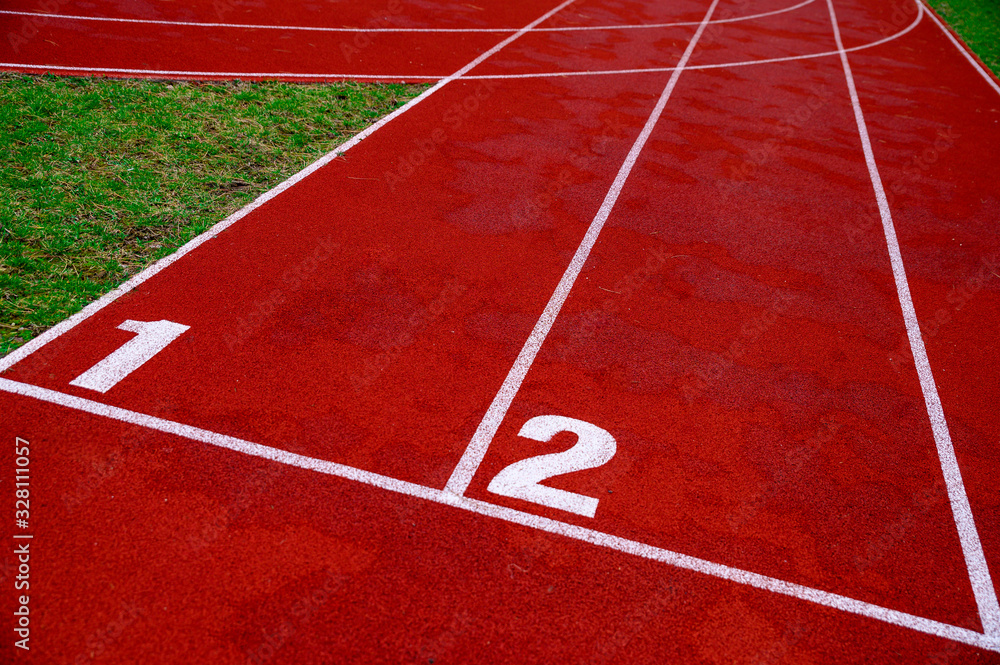 Red athletics track, number 1, 2 and 3, sport background
