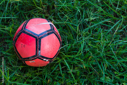 Red Soccer Ball in Green Grass 