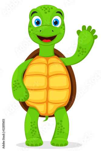 Turtle stands on its hind legs and waves affably. Character on a white background.