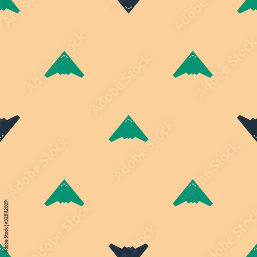 Green and black Jet fighter icon isolated seamless pattern on beige background. Military aircraft. Vector Illustration
