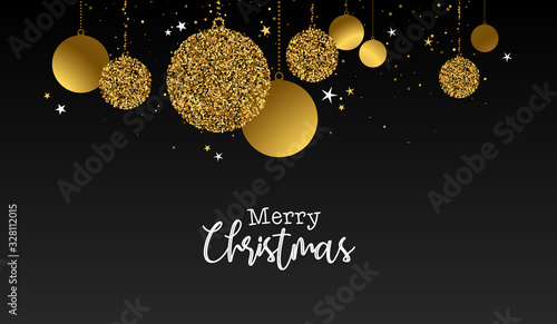 Merry Christmas gold glitter greeting card illustration of xmas ornament baubles with holiday message.