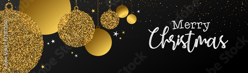 Merry Christmas gold glitter web banner illustration of xmas ornament baubles with holiday message.