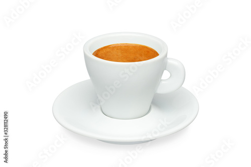 White cup of espresso with saucer isolated on a white background.