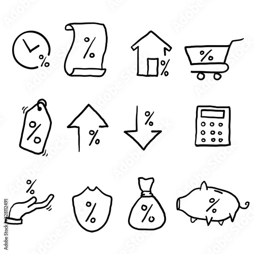 hand drawn Simple Set of Loan Related Vector Line Icons.Interest Rate, Investment Plan, Percentage Diagram symbol doodle style