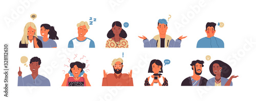 Set of diverse people expressing emotions on isolated background. Flat cartoon characters in different feelings. Includes sad, happy, tired and creative emotion.