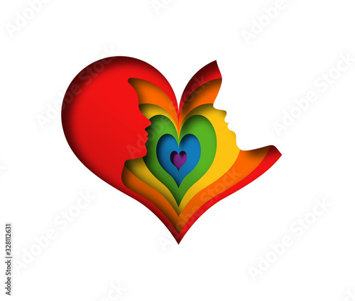 Paper cut heart shape illustration with rainbow flag colors and homosexual couple for gay love concept. LGBT rights cutout design, pride month or diversity project.