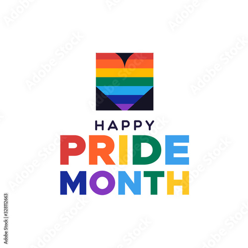 Happy Pride month illustration for love and gay rights celebration. LGBT rainbow color quote with heart shape.