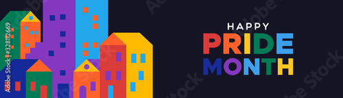 Happy pride month illustration of colorful rainbow city for gay rights event or celebration.