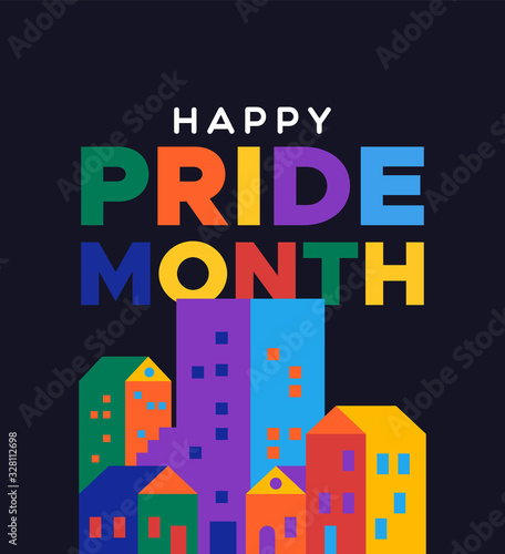 Happy pride month illustration of colorful rainbow city for gay rights event or celebration.