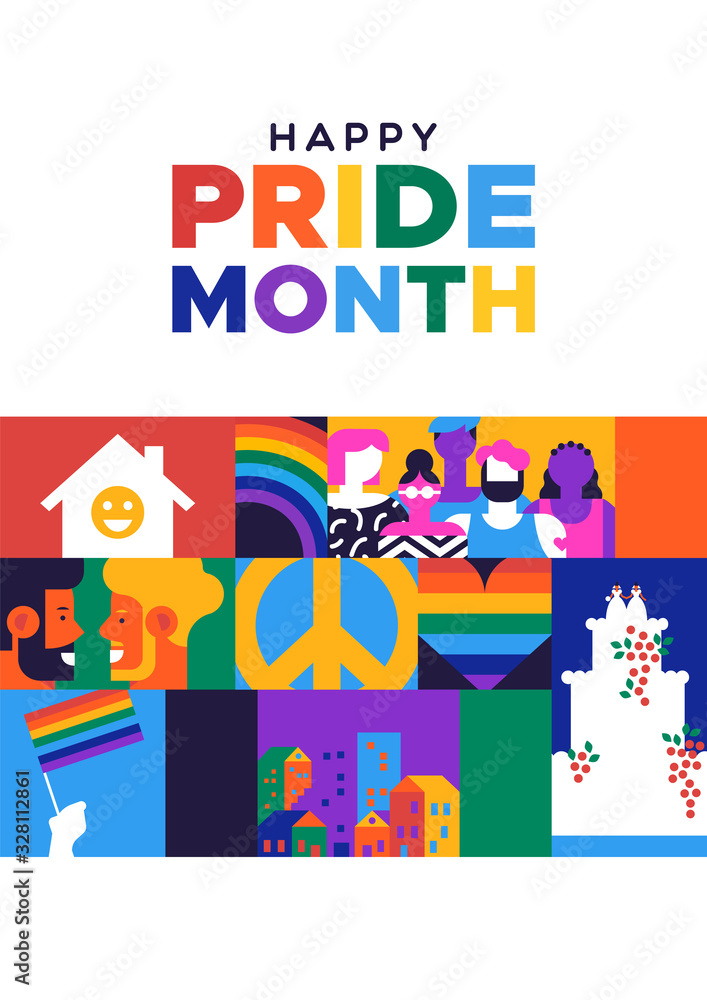 Happy Pride month poster for lgbt rights or social issues event in june. Colorful  mosaic illustration includes gay couple, diverse people group and more.