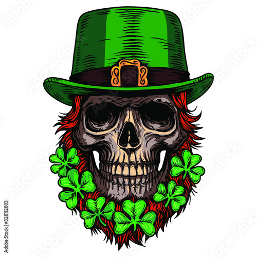 Happy saint patrick day. Holiday. Irish celtic Leprechaun skull with hat, beard and clover leaf. Design for poster, t-shirt, cover, emblem, logo, sign, tattoo. Hand draw vector skull illustration.