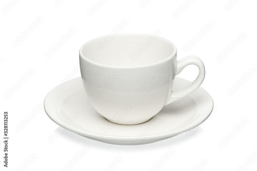 White cup and saucer isolated on a white background.
