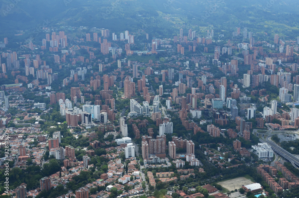 Panoramic of Medellin from the air, populated sector