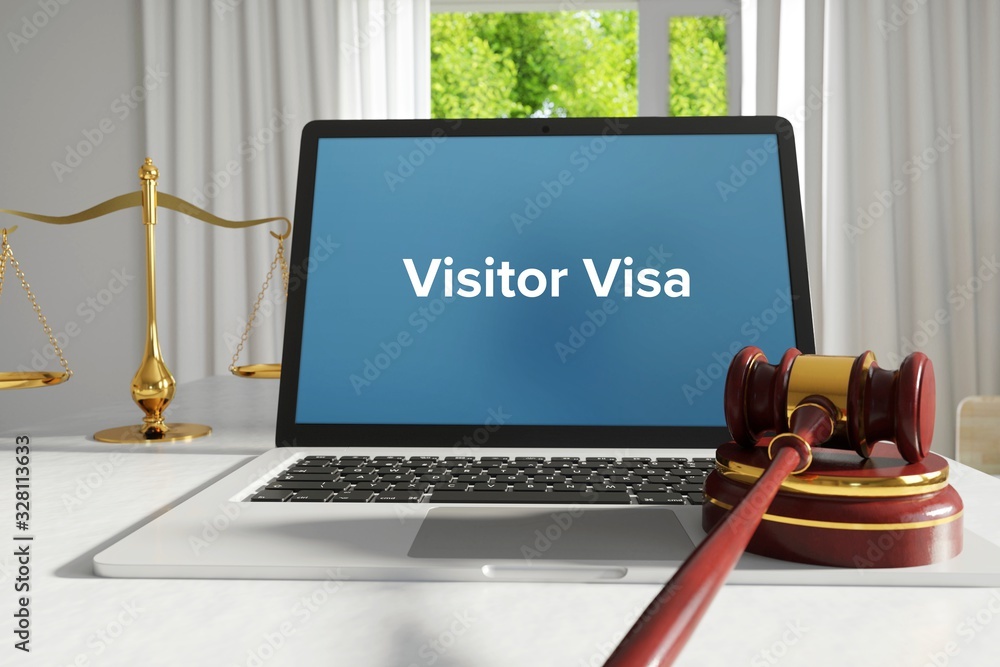 Fototapeta premium Visitor Visa – Law, Judgment, Web. Laptop in the office with term on the screen. Hammer, Libra, Lawyer.