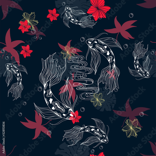 Japanese doodle seamless pattern with koi carp and red yellow flowers for design on blue background