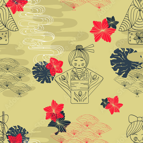 Japanese linear seamless pattern with kokeshi and lotus red flowers for wrapping paper