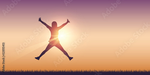 happy girl with raised arms jumps at sunshine vector illustration EPS10