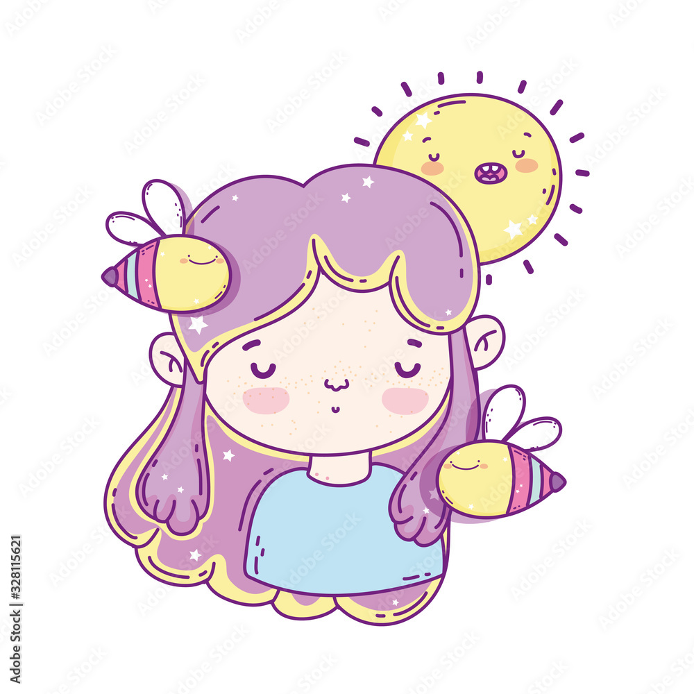 Kawaii girl cartoon with bees and sun vector design Kawaii girl cartoon with bees and sun vector design