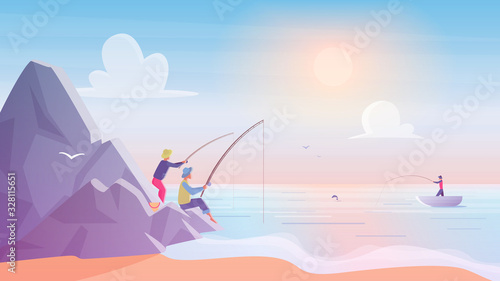 Fishermen on rocks near sea or lake beach. Fishing sport, outdoor summer recreation,hobby vacation, sunrise leisure time vector illustration