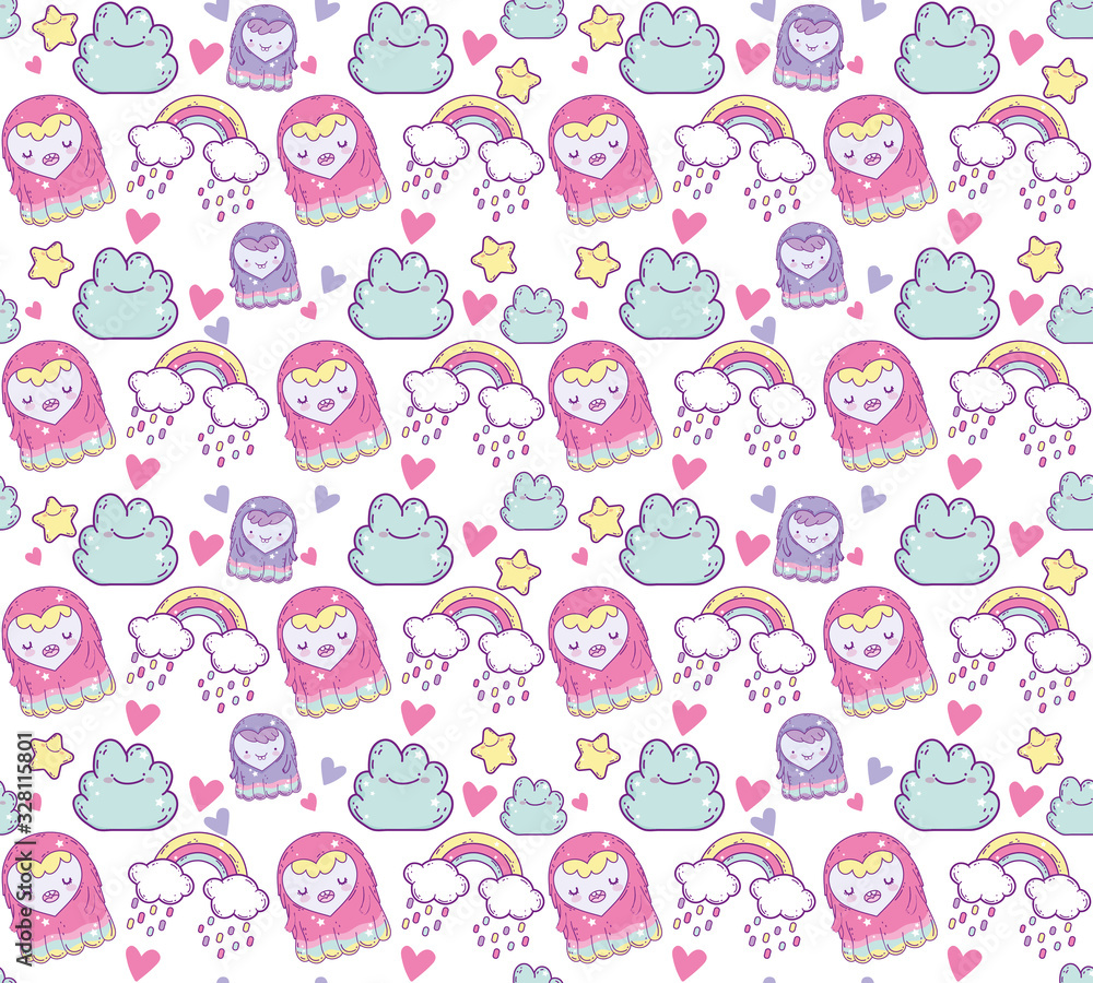 Kawaii female monster rainbow cloud and star background vector design Kawaii female monster rainbow cloud and star background vector design