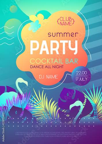 Colorful summer disco party poster with fluorescent tropic leaves and flamingo. Summertime background