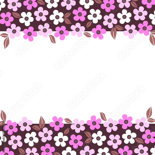 Horizontal floral frame in brown and pink colors. Template for postcards, labels, signs.  Vector