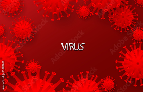 Virus cells on red background with copy space. Covid-19, Coronavirus, 2019-nCoV  . Virus control and protection. Vector illustration