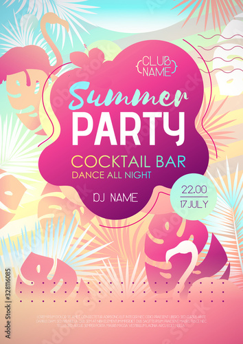 Colorful summer disco party poster with fluorescent tropic leaves and flamingo. Summertime background