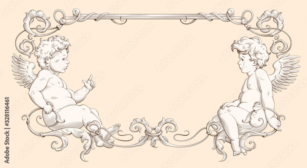 Elegant vintage border frame with cupids for weddings, Valentine`s day and other holidays. Decorative element in the style of vintage engraving with Baroque ornament